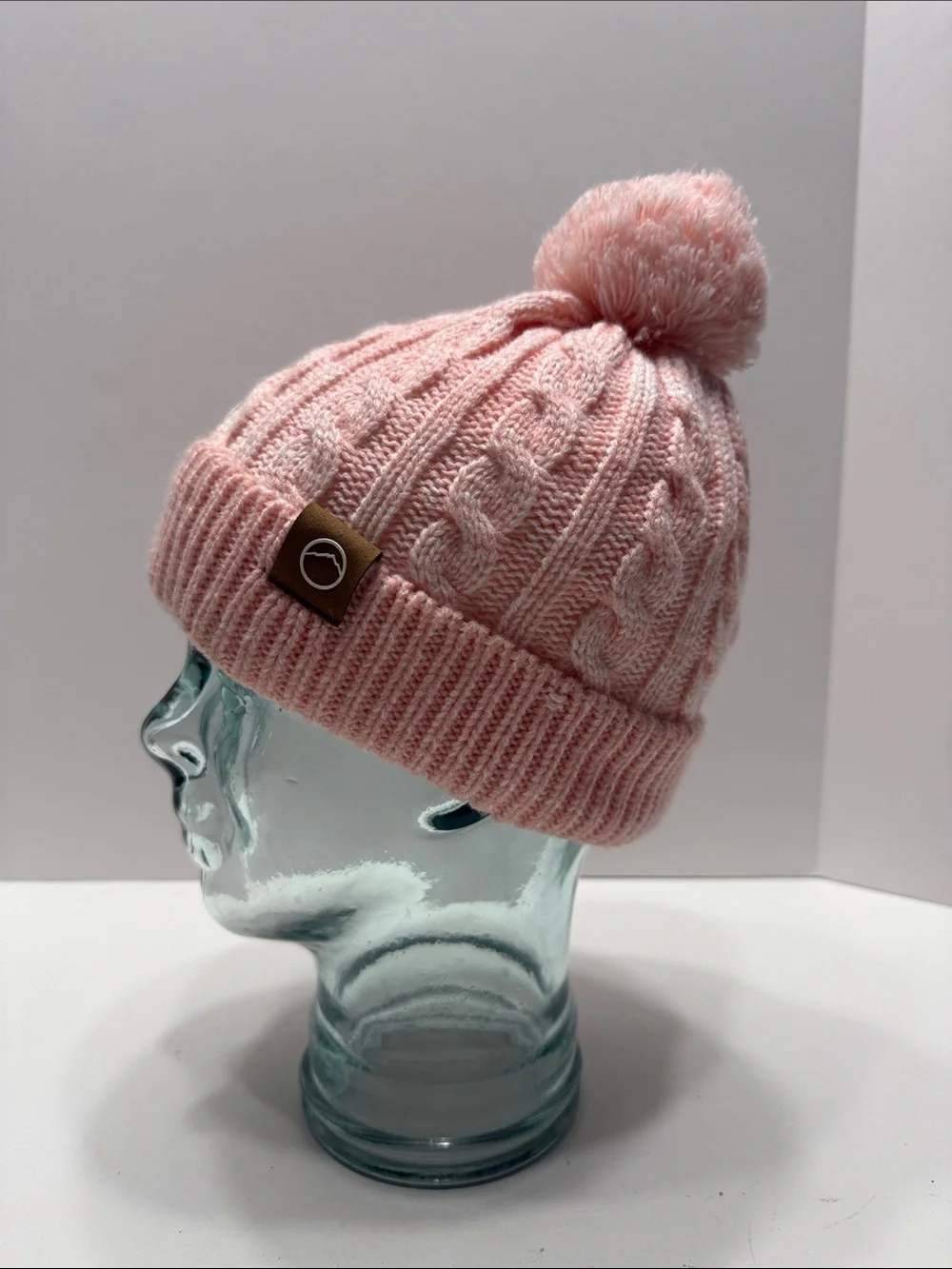 Soft Pink Cable-Knit Pom Pom Beanie for Kids